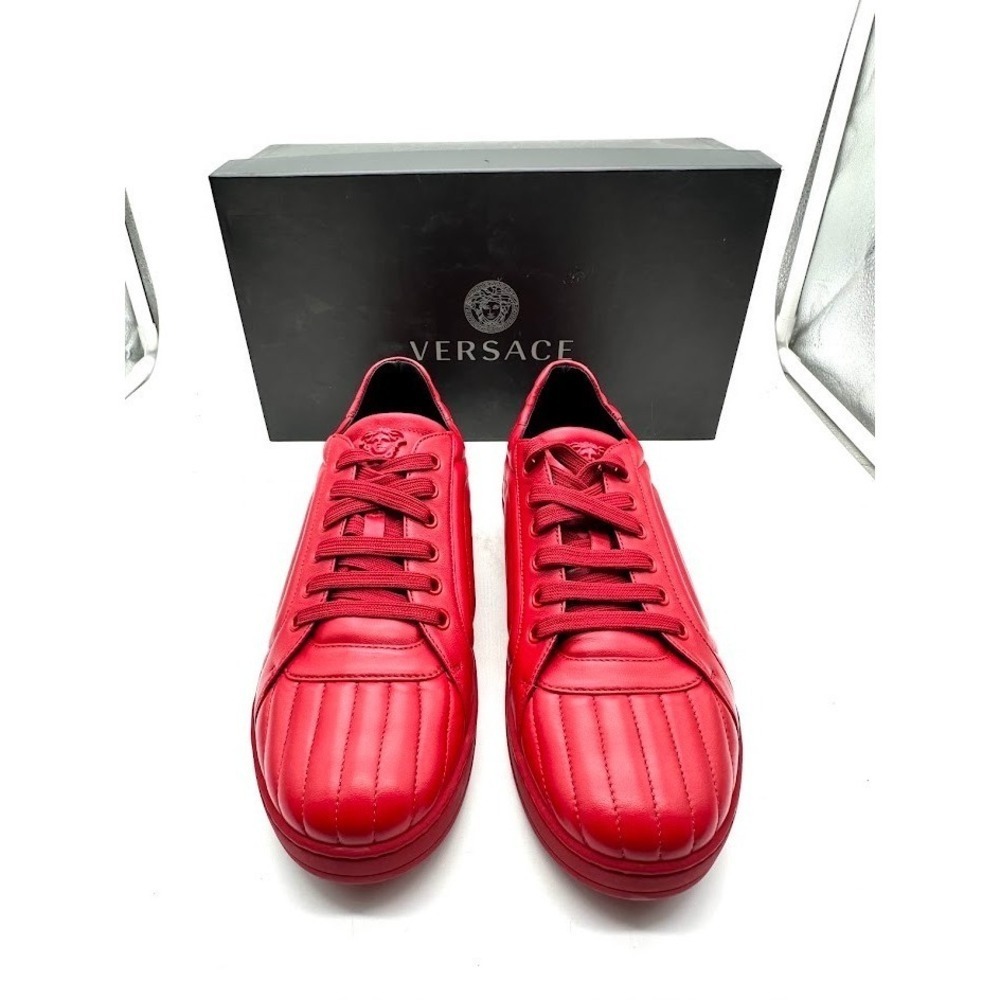 Versace Mens‎ Red Quilted Leather Medusa Greca Low Top Sneakers Shoes